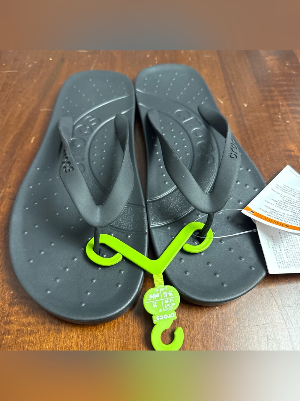 CROCS Men's Black Flip Sandals with Neon Green Hanger